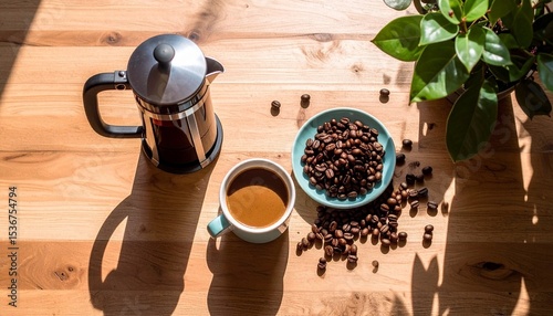 Cozy flat lay of coffee pot and ceramic mug with coffee beans on wooden surface