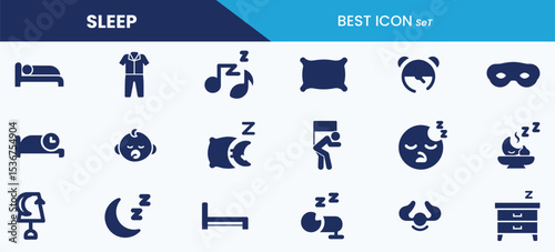 Sleep icon set collection. Eye mask, sleep tracker, snoring, pillow, bedtime, calming music, sleep chart. Vector illustration.