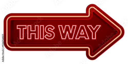 Neon This Way arrow sign, glowing red