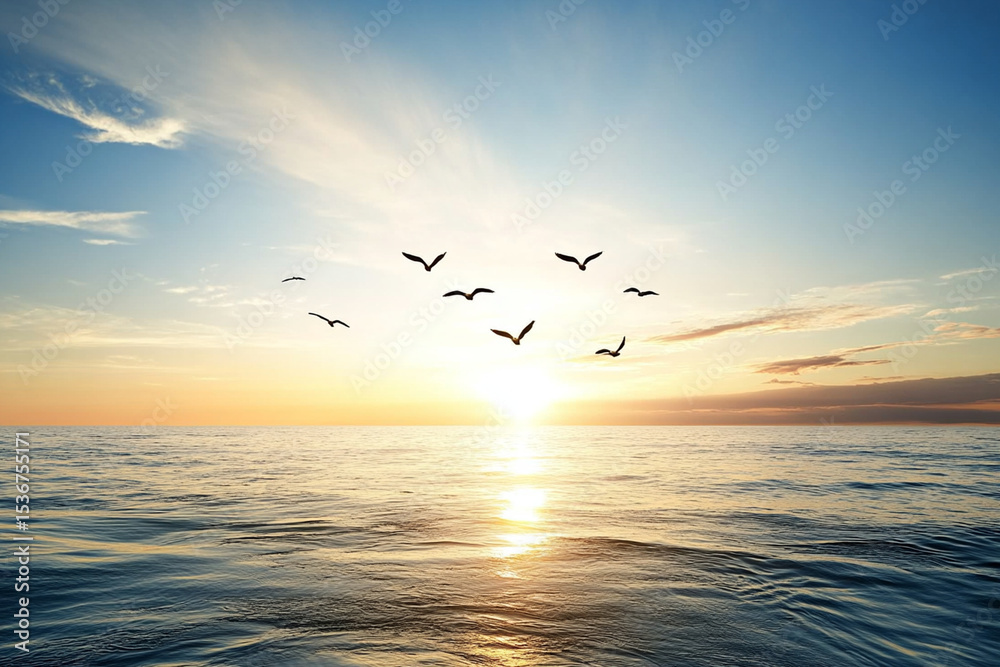Fototapeta premium Birds flying in formation against a vivid sunset over the ocean