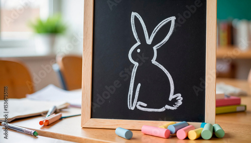 Chalk drawing of bunny outline on blackboard with colorful chalk pieces  