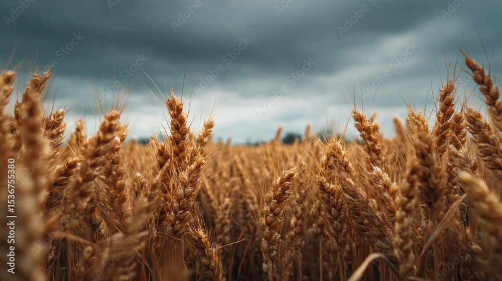 Fototapeta premium Golden wheat field under dramatic clouds with serene rural ambiance