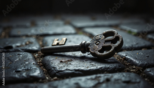 Antique/vintage key resting on cobblestone surface/stone floor in low light