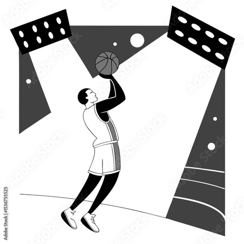 Focused basketball player shooting under stadium lights