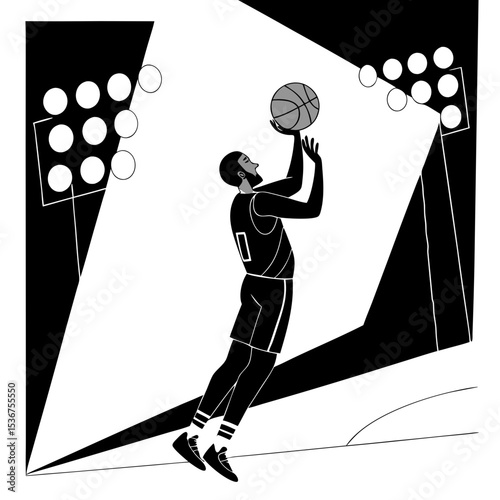 Focused basketball player shooting under stadium lights