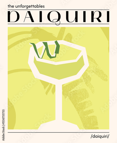 Daiquiri cocktail. Vector illustration of summer alcoholic drink garnished with lime. Poster with tropical refreshing cocktail. Contemporary poster for bar, restaurants and menu.
