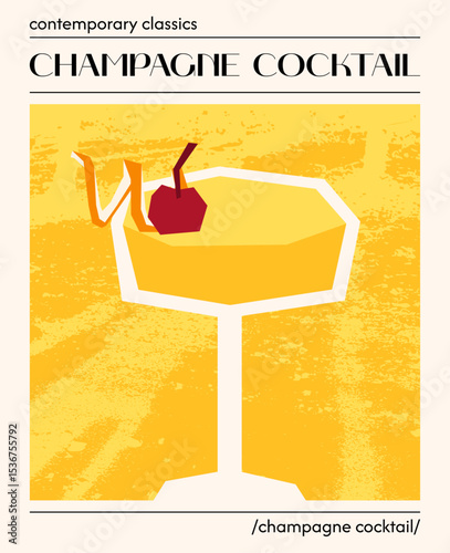 Champagne cocktail. Vector illustration of classic alcoholic drink with cherry and lemon peel. Yellow poster with elegant champagne cup. Contemporary poster for bar, restaurants and menu.