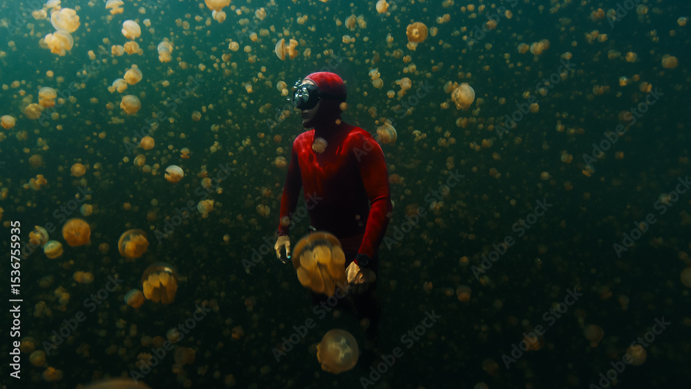 Naklejka premium Male freediver in red wetsuit swims underwater in the lake full of jellyfish. West Papua, Raja Ampat, Indonesia