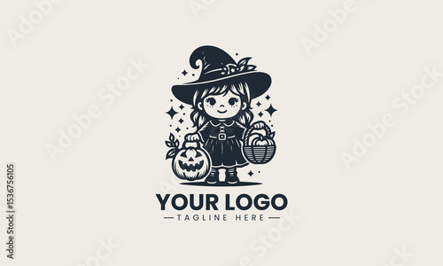 Cute little witch girl cheerfully holding pumpkin basket for trick or treat vector logo illustration design