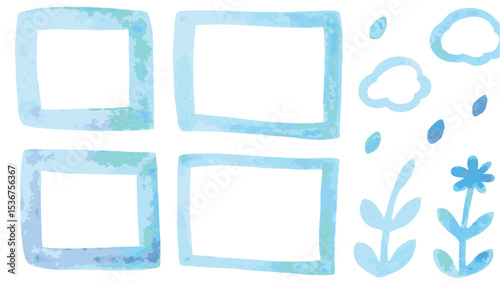 Illustration of four watercolor frames with clouds raindrops and flowers in a light blue color palette