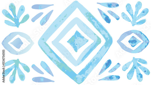 Watercolor style pattern with diamond shapes, leaves, and eye like elements in light blue and teal tones
