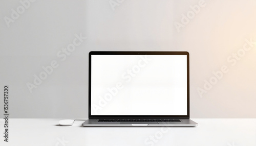 Modern laptop on white table with blank screen in bright room - mocup