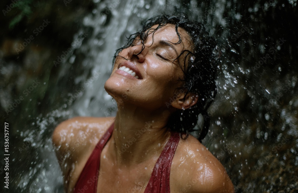 Obraz premium Woman refreshing under waterfall, enjoying pure nature