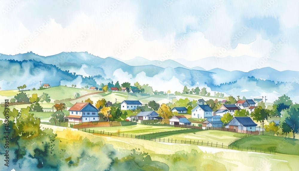Fototapeta premium Captivating watercolor painting of a serene rural landscape showcasing rolling fields