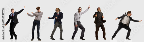 Six male office workers in formal outfits express excitement and joy through playful dance movements and exaggerated poses. Concept of business, emotion, freedom, team spirit.