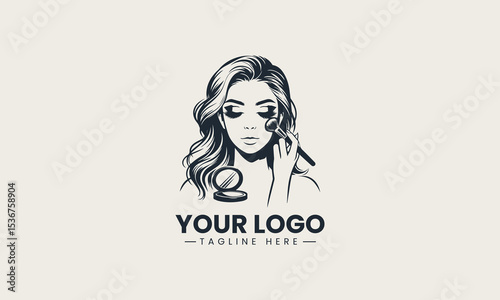 Young fashionable girl using makeup and cosmetics with a happy expression in vector cartoon logo illustration design