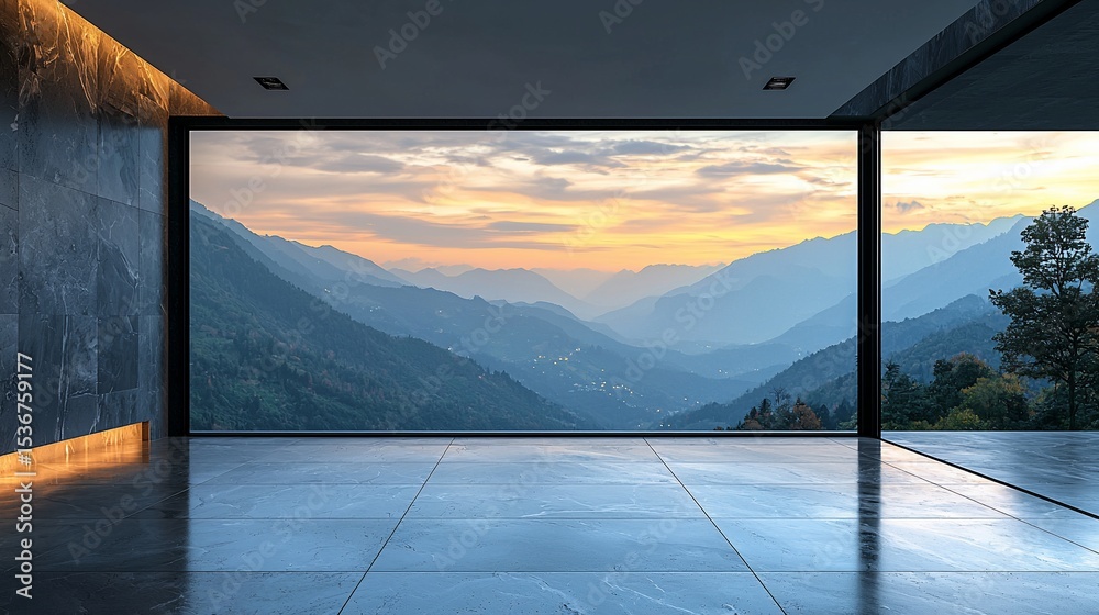 Obraz premium Modern room with large windows overlooking a mountain landscape at sunset