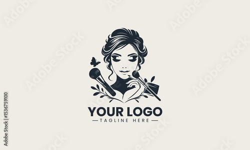 Beautiful young girl applying elegant makeup with a gentle smile in a modern cartoon vector logo illustration design