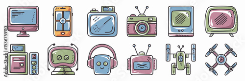 Minimalist tech doodles icon sheet – Great for digital design, technology blogs, or modern branding assets