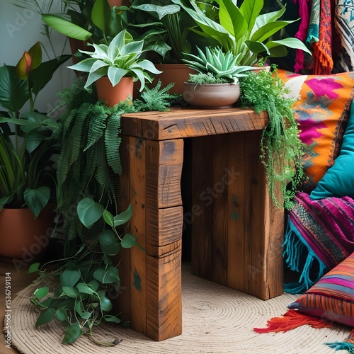 This image captures a wooden block or pedestal laden with several different types of green houseplants, including succulents and trailing plants, all in terracotta pots. The setting is a comfortable a