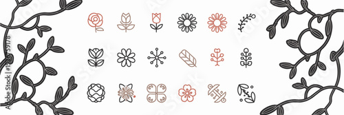 Colorful botanical and floral icon sheet in grid layout – Ideal for gardening apps, wellness products, or botanical designs.