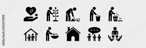 Vector icon sheet of community service and volunteering activities – Great for nonprofit branding, educational materials, or social impact campaigns