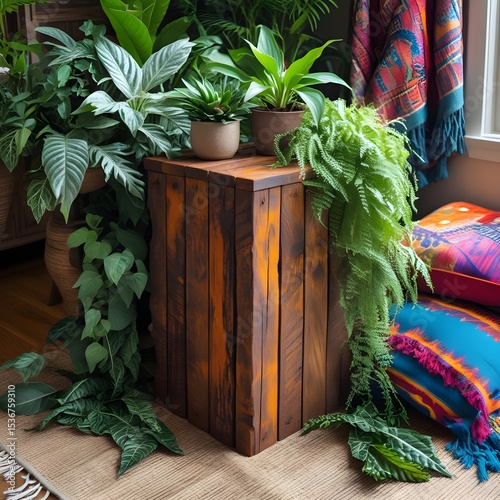 This image displays a tall, dark wooden pedestal or side table overflowing with an array of vibrant green houseplants in various terracotta pots. The plants range from broad-leafed varieties to delica