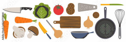 Hand-drawn kitchen icon set featuring knife, cutting board, vegetables, pan, and whisk – Perfect for farm-to-table branding, recipe illustrations, or food prep materials