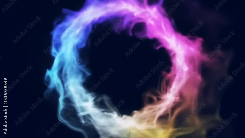 Bright nebula-inspired energy ring made of swirling pink, blue and yellow smoke in deep space
