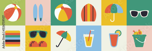 Summer vacation essentials icon sheet in grid layout – Great for holiday planners, travel promotions, or summer events