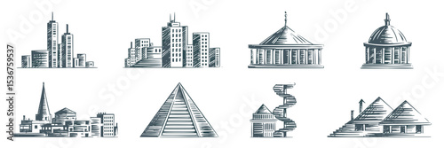 Pencil sketch cityscape icon set – Suitable for architectural studies, urban planning graphics, or creative design layouts