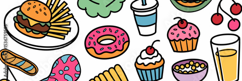 Minimalist doodle illustration of snacks and drinks – Suitable for healthy eating guides, food blogs, or school lunch planning content