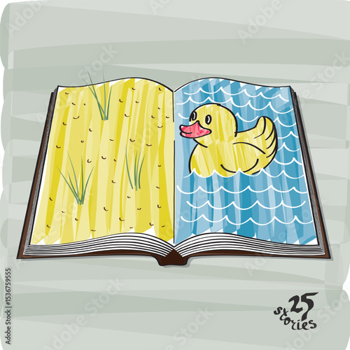 Open Book Pages Telling Story of Rubber Duck Swimming in Water near Shore Symbolic Surrealistic Concept from 25 Stories Edition - Multicolor on Green Grey Background - Hand Drawn Graphic Design
