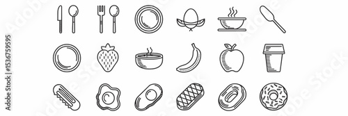 Vector kitchen icon set featuring simple food and utensil sketches like fork, apple, donut, and plate – Suitable for food delivery services, cooking blogs, or meal prep content