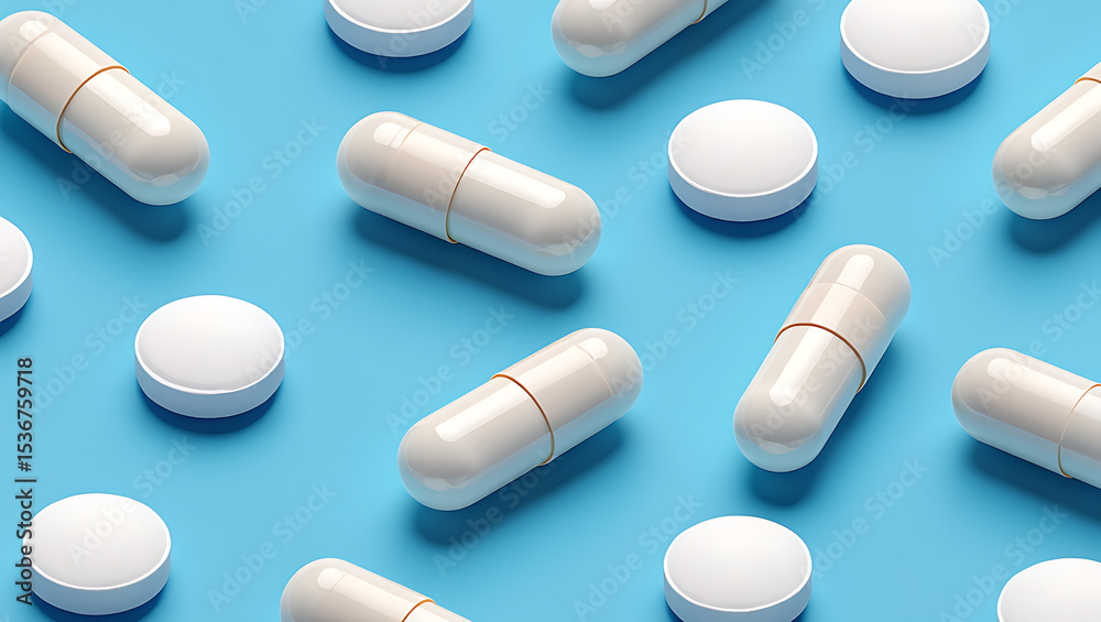 White pills and capsules scattered on a blue surface in a medical arrangement White pills and capsules scattered on a blue surface in a medical arrangement