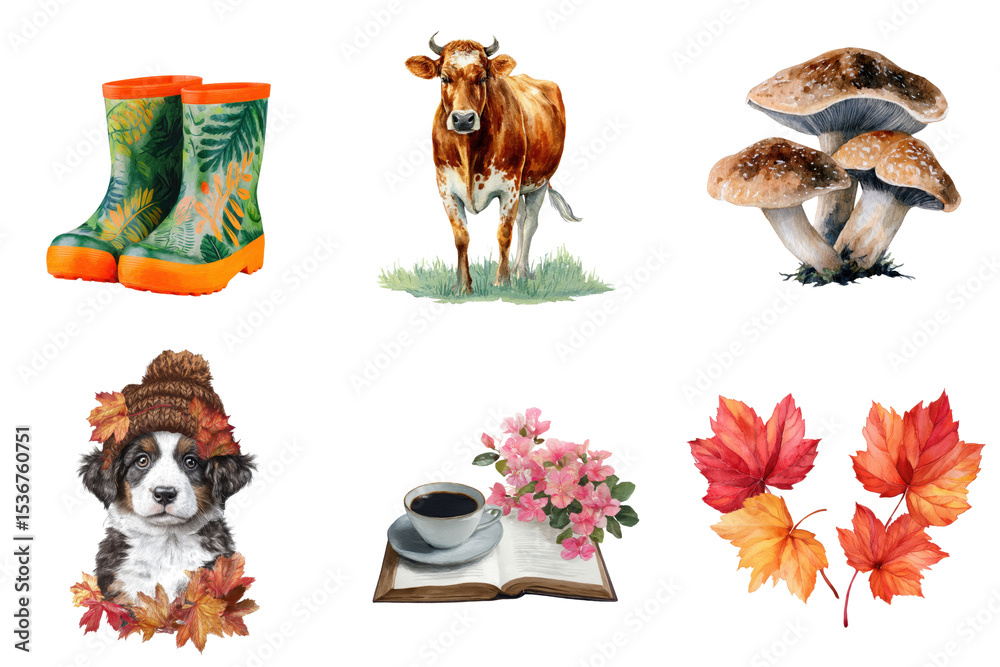 Naklejka premium Watercolor illustrations set featuring rain boots flowers mushrooms cow puppy and autumn leaves transparent background