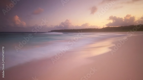 Gentle waves on a pink-toned beach at sunset.
