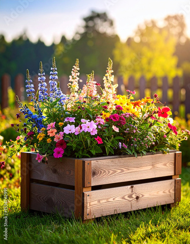 flores en un macetero de madera natural en jardin