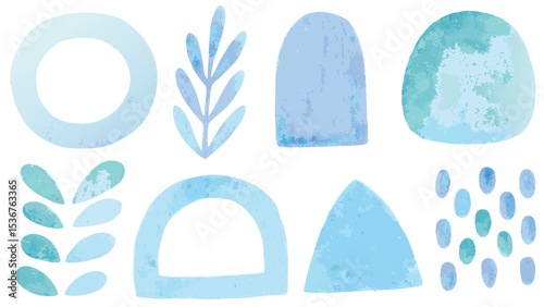 Watercolor shapes in blue hues featuring circle leaf arch triangle and abstract organic forms design layout