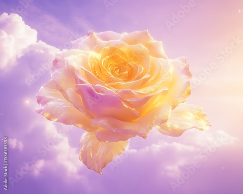 Floating golden rose and sky lavender tones with ambient haze and light glow
