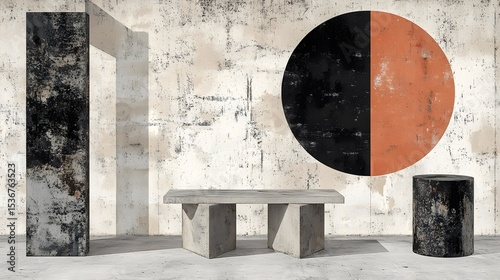 Abstract Geometric Minimalist Concrete Studio Scene with Half Circle Wall Art