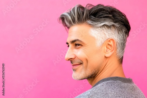A relaxed man looking serene in his portrait. Pink solid background. Visual idea of style for aging men. Fashionable men's pompadour haircut - midlife middle eastern man with short hair.