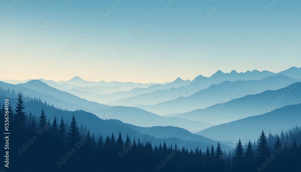 Obraz premium Minimalist Blue Mountain Landscape Vector with Pine Trees