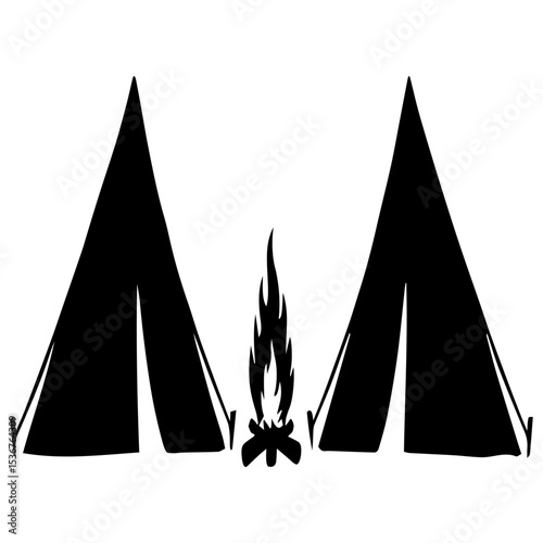 Minimalist Black Silhouette of Camping Scene with Campfire on White Background

