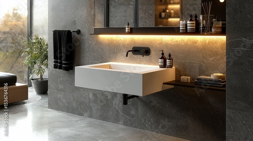 Modern minimalist bathroom with sleek sink, dark grey stone, and warm LED lighting
