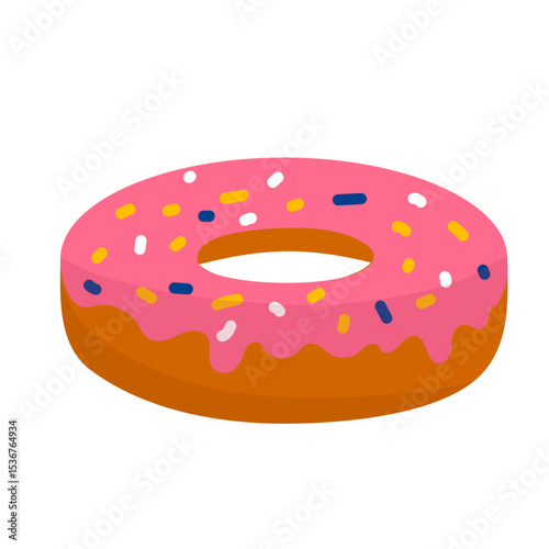 Pink donut pool float with sprinkles illustration. Cartoon style inflatable pool ring shaped like a pink frosted donut with colorful sprinkles on a gray background.
