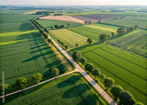 aerial view of the countryside, Nature Illustration, photorealistic top view drone, horizontal banner, Farm landscape, agricultural fields, beautiful countryside, country road