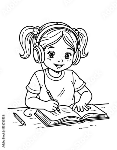 Young girl wearing headphones and writing in book at a desk - After-School Relaxation and Leisure Activities  