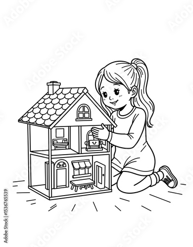 Girl playing with a dollhouse while smiling at home - Concept of Back to School - coloring pictures for kids 5 - 8 years old  