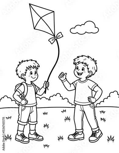 Two boys playing with a kite in a grassy field - Concept of Back to School - coloring pictures for kids 5 - 8 years old  